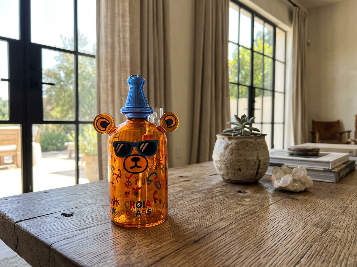 Cool teddy bear dab rig with showerhead perc for smooth dabbing