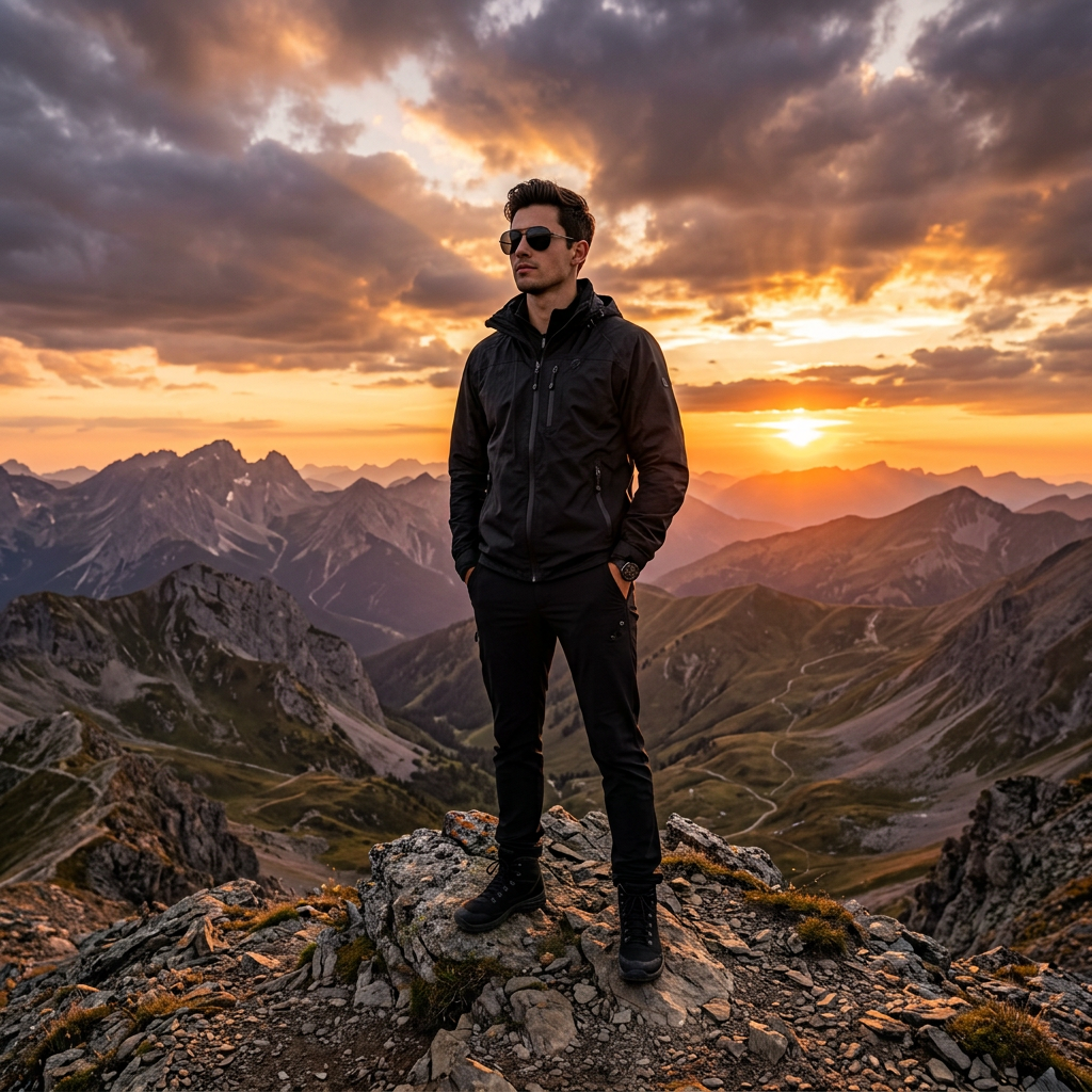 A young man standing on a mountain at sunset, wearing a stylish black outfit and sunglasses, dramatic sky, cinematic lighting, ultra-realistic, highly detailed, sharp focus, 4K, professional photography