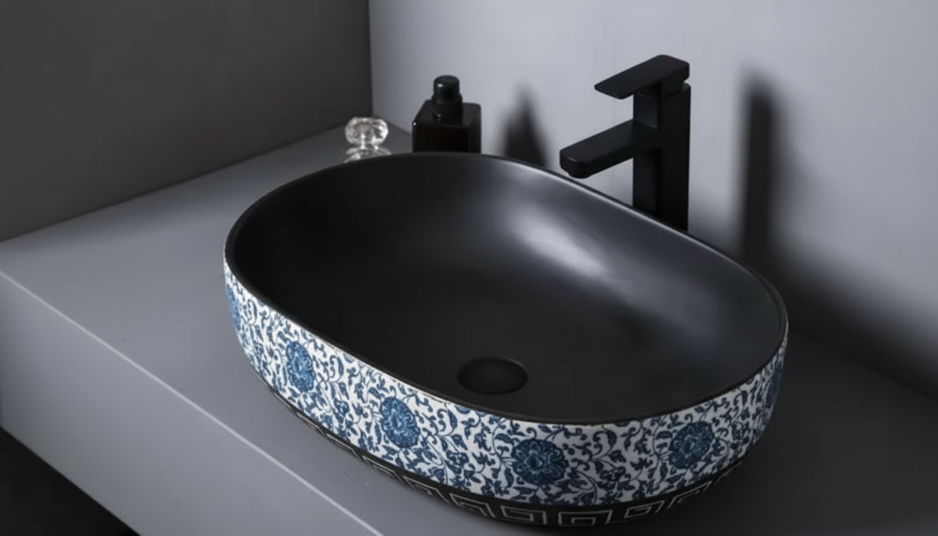 Elegant Blue Floral Ceramic Vessel Sink for Bathroom and Countertop setup detail