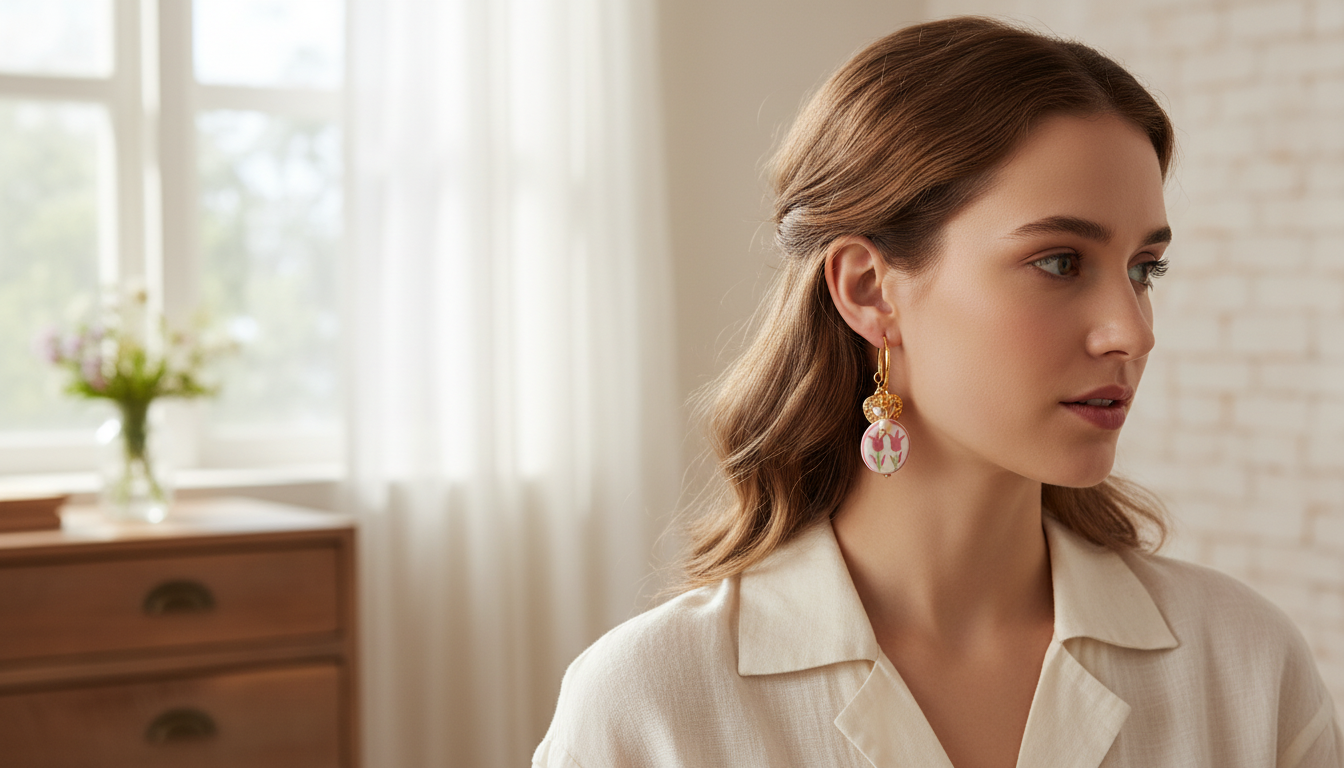 Hand Painted White Ceramic Heart Drop Earrings with Imitation Pearl in an appropriate real-world setting