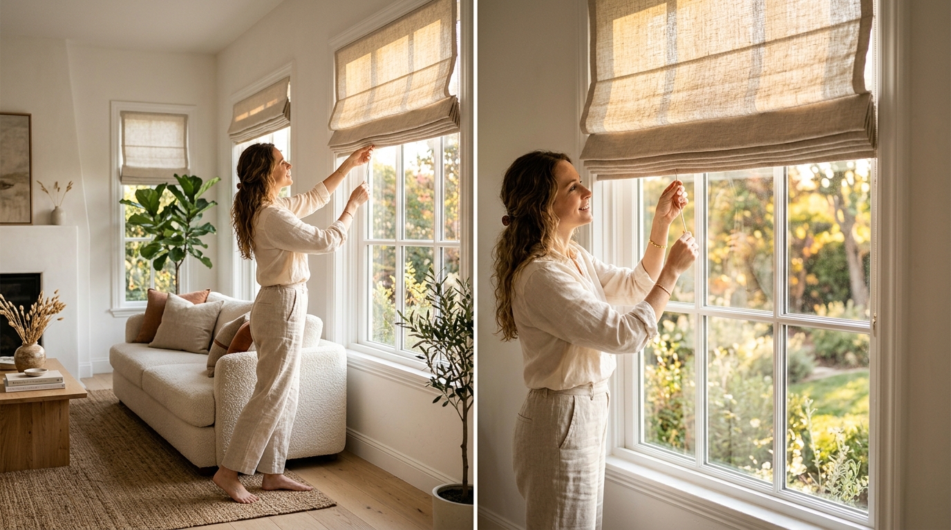 types of window shades comparison — roman shangri-la  woven wood