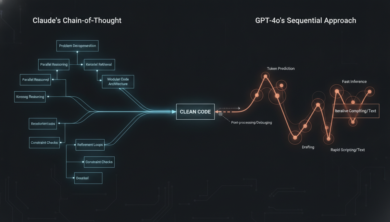 A high-tech schematic diagram. On one side, Claudes Chain-of-Thought is shown as a branching, structured logic tree leading to clean code. On the other side, GPT-4os Sequential Approach is shown as a 