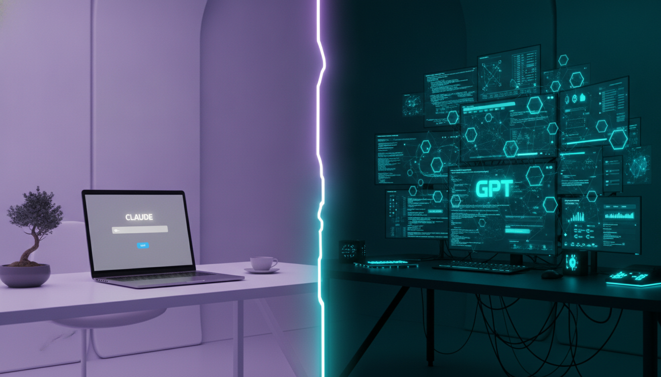 A high-contrast, split-screen conceptual photography shot. On the left, a minimalist, clean workspace bathed in soft purple ambient light, representing Claude. On the right, a vibrant, complex multi-w