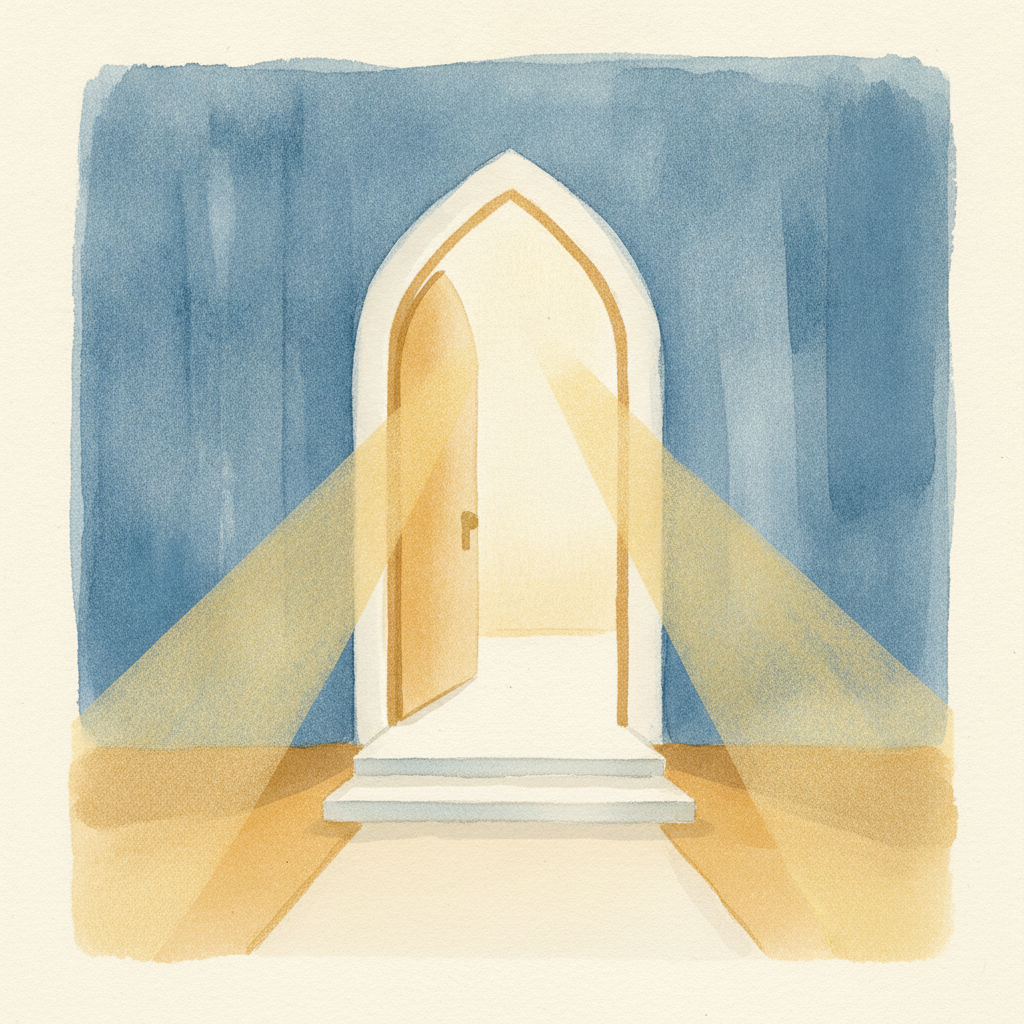An open chapel doorway with warm light spilling out — a welcome