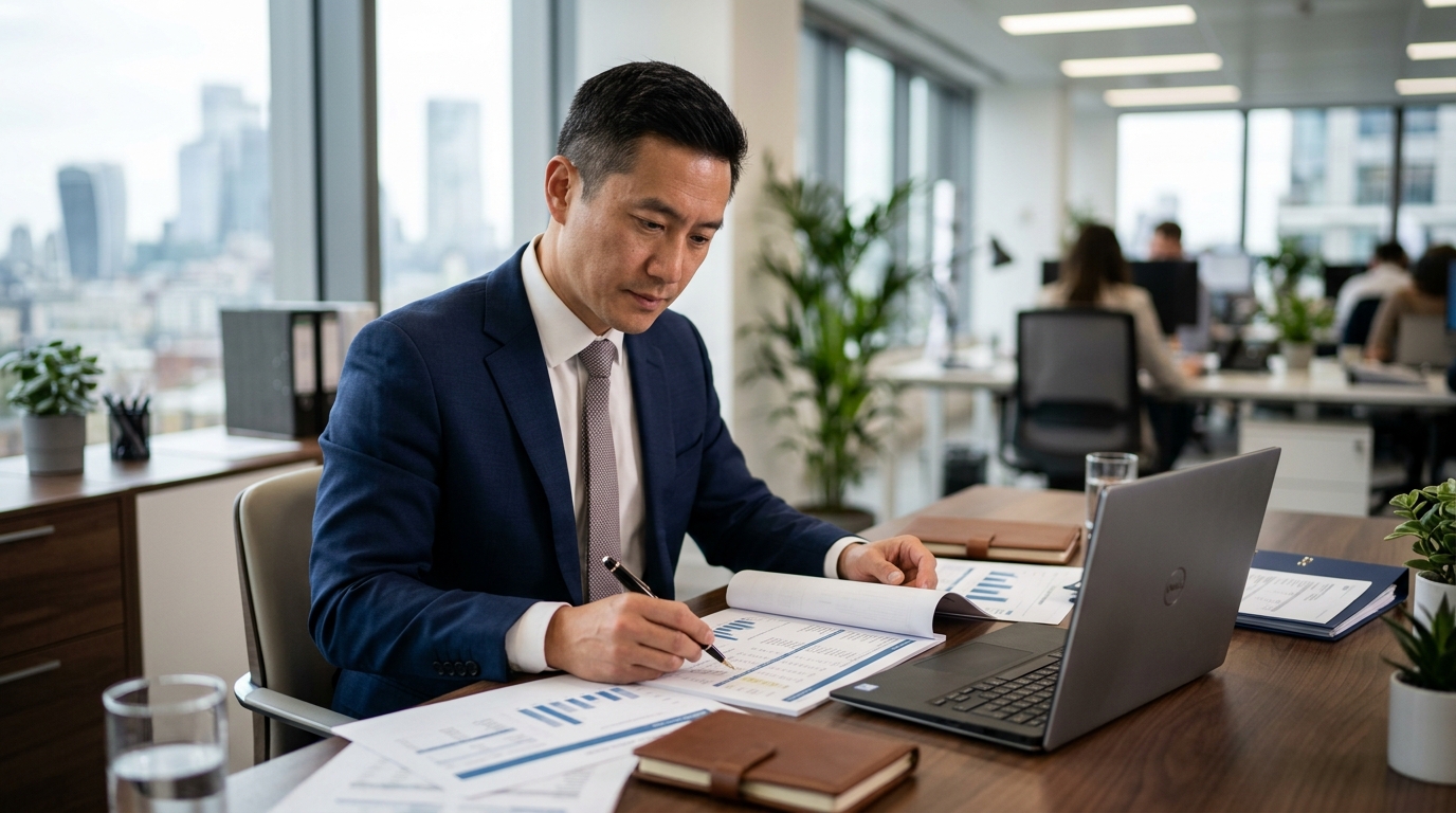 financial consultant analyzing reports