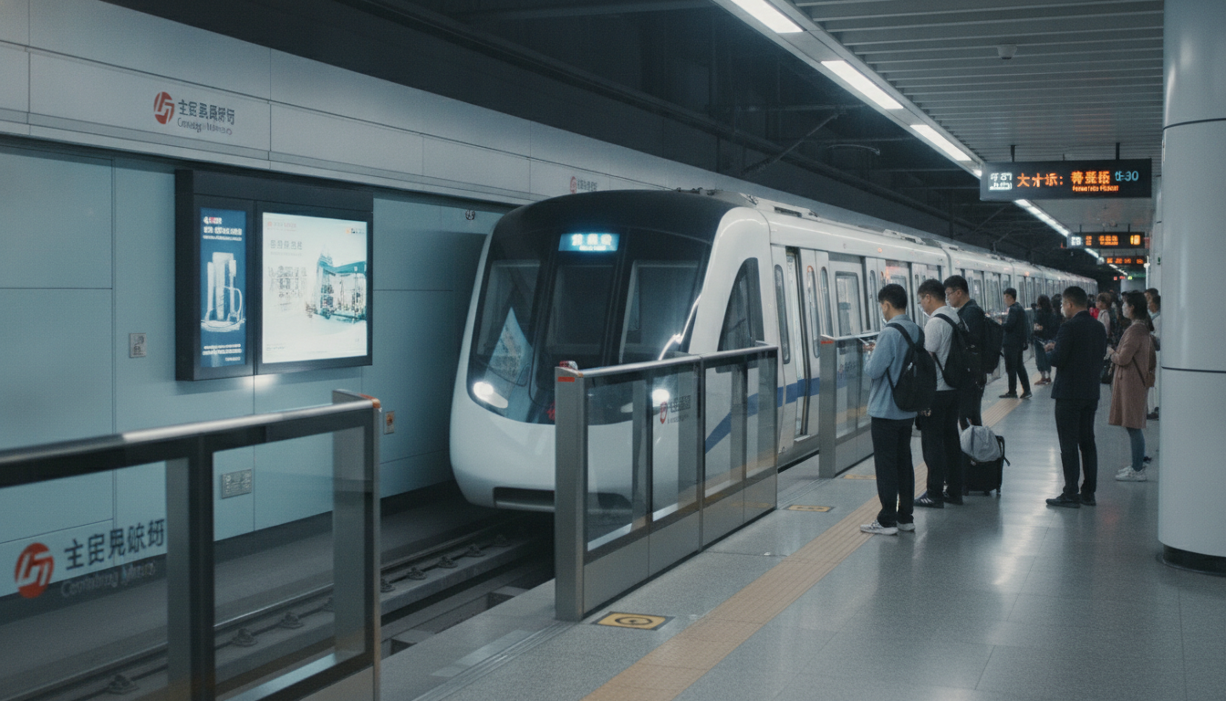 A subway train pulling into a station in Chengdu. The train 