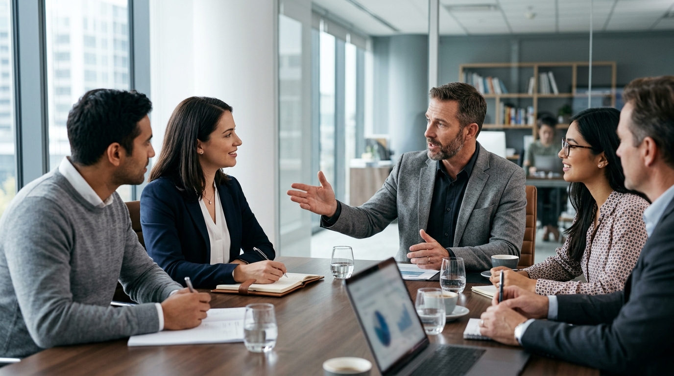 business team discussing outsourcing benefits