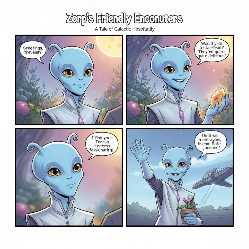 Nice looking alien.
Draw it as a 4-panel comic page with sp…