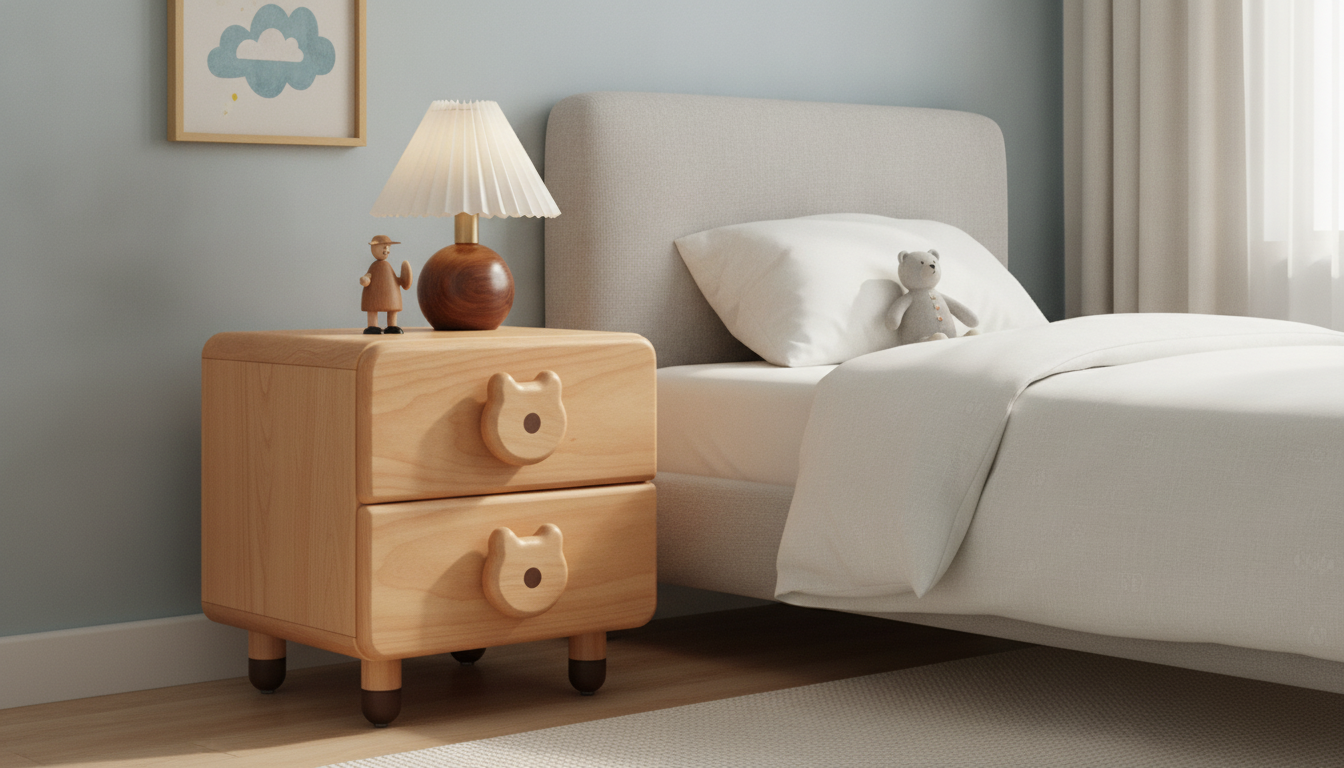 Modern Minimalist Children’s Nightstand with Storage Drawer setup detail