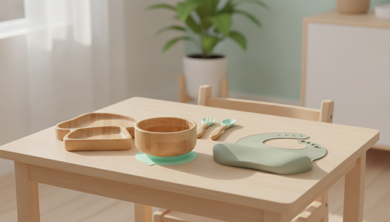 Bamboo Baby Feeding Set with Bowl, Plate, Spoon, Fork & Bib in an appropriate real-world setting