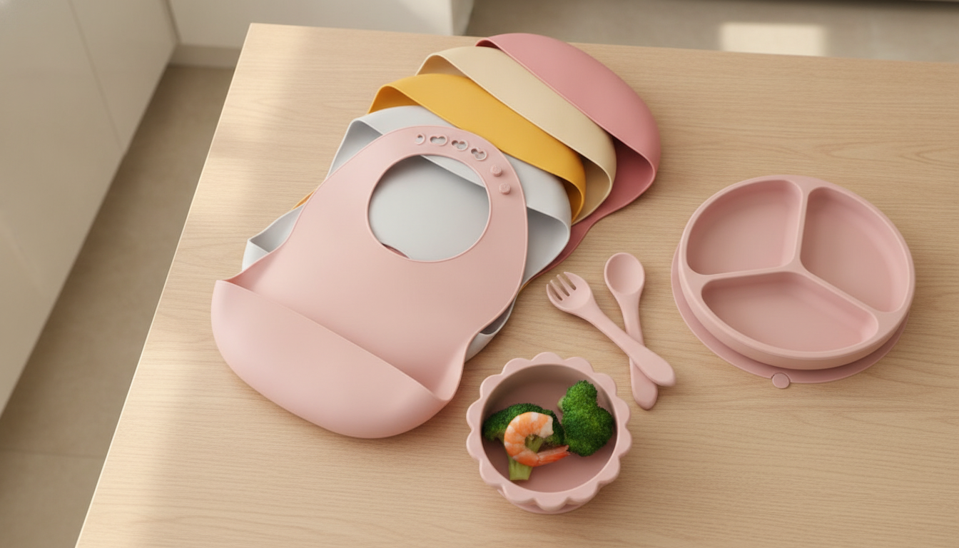 Colorful Baby Silicone Feeding Set with Waterproof Bib, Suction Plate, Bowl, and Fork Spoon setup detail