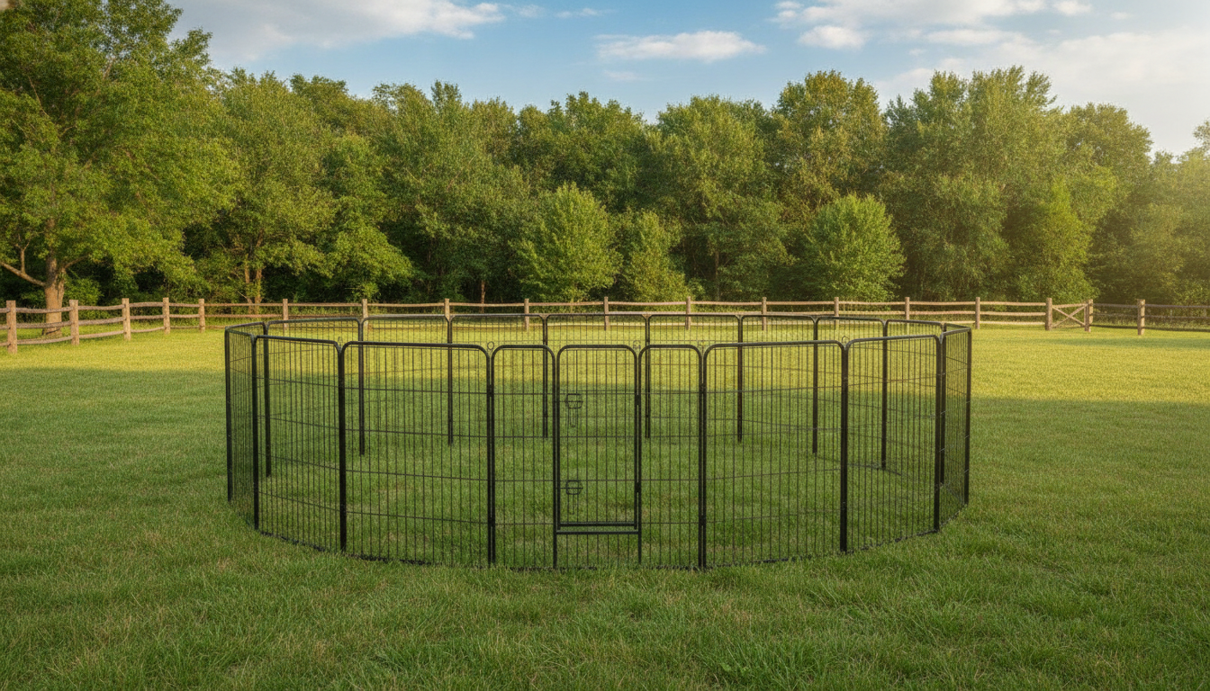 16-Panel Heavy Duty Dog Playpen with Lockable Door in an appropriate real-world setting