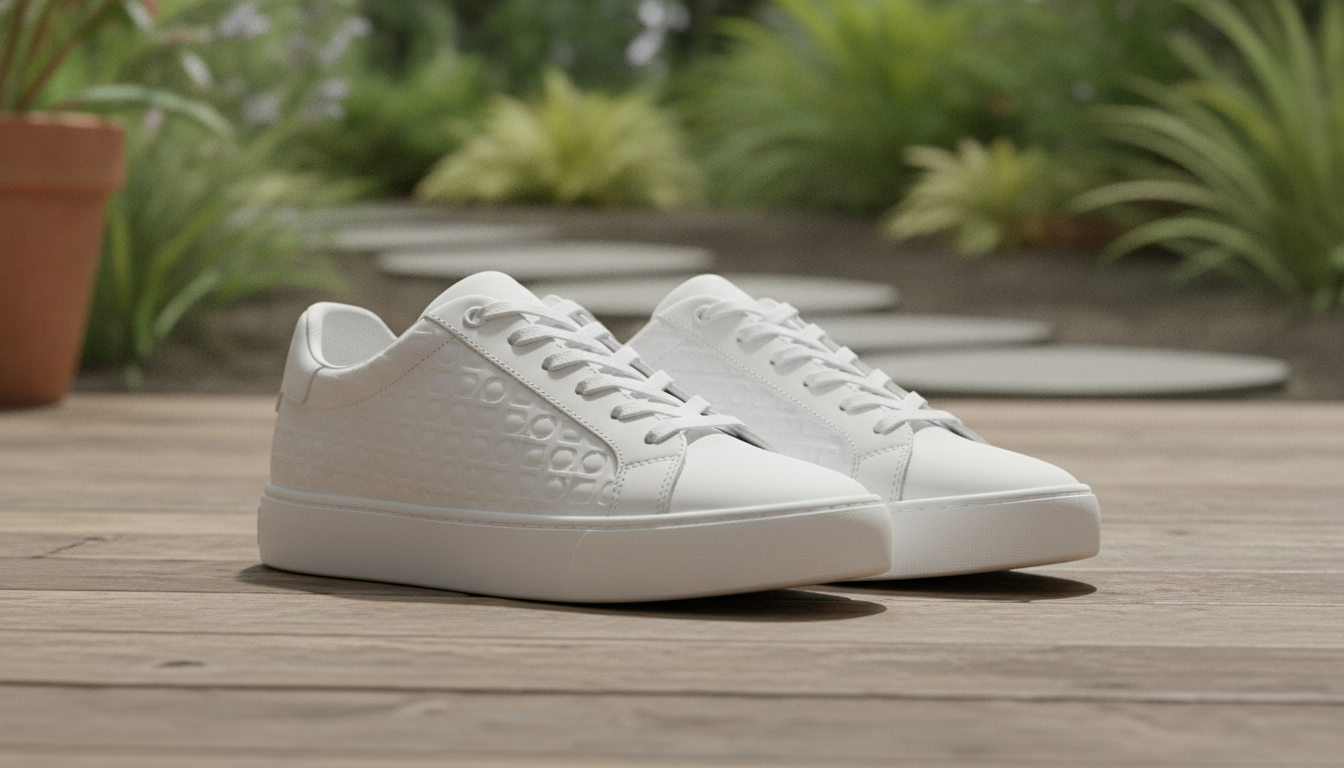 Calvin Klein Women’s White Leather Sneakers in an appropriate real-world setting
