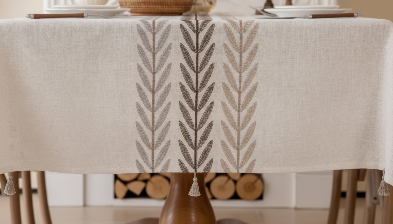 Embroidered Tassel Cotton Linen Tablecloth for Dining & Home Decor setup detail