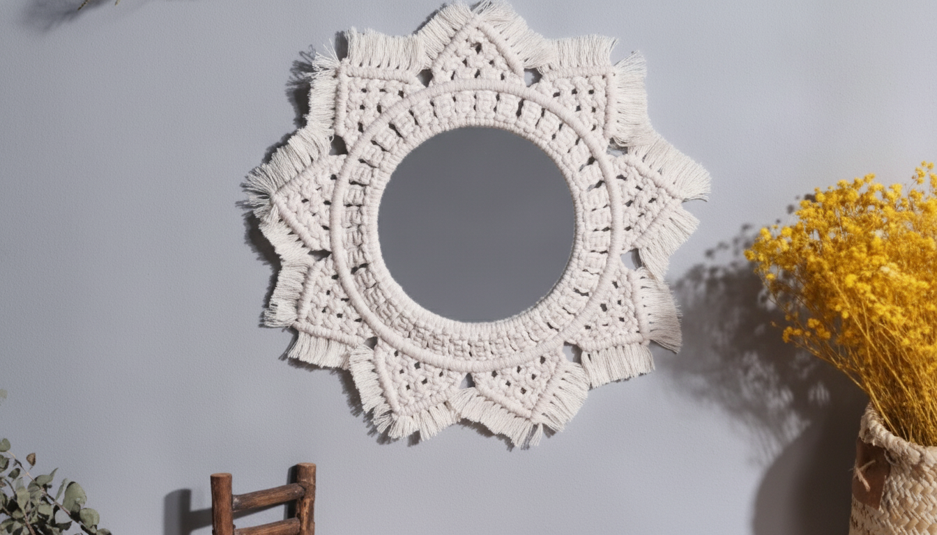 Handmade Macrame Mirror Wall Hanging – Boho Home Decor setup detail