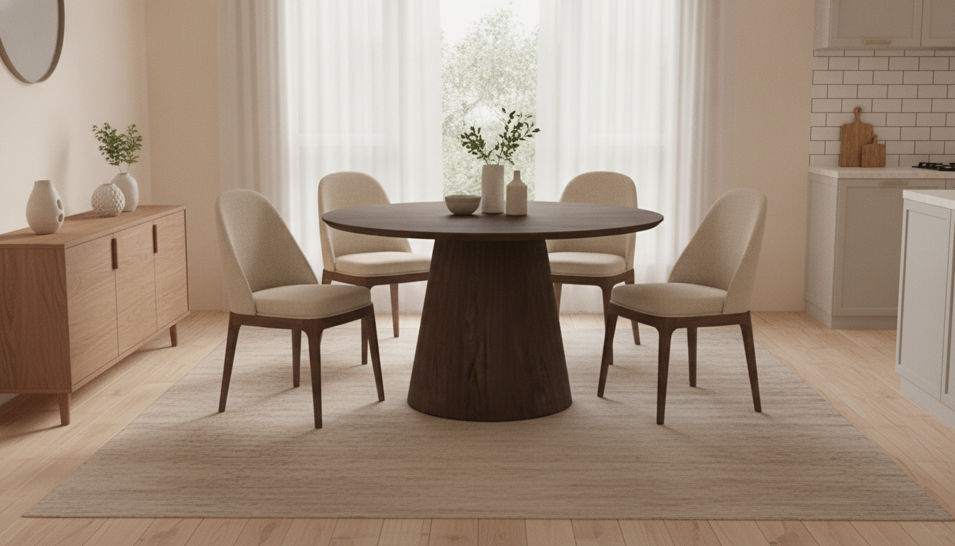 47″ Round Wooden Dining Table for 4, Solid Wood Pedestal Table – Brown in an appropriate real-world setting