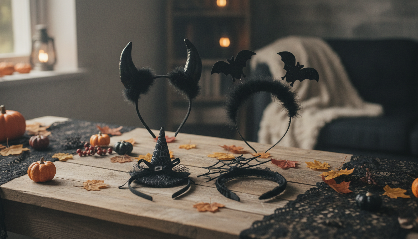 Spooky Halloween Devil Hair Band with Spider Web and Witch Hat in an appropriate real-world setting