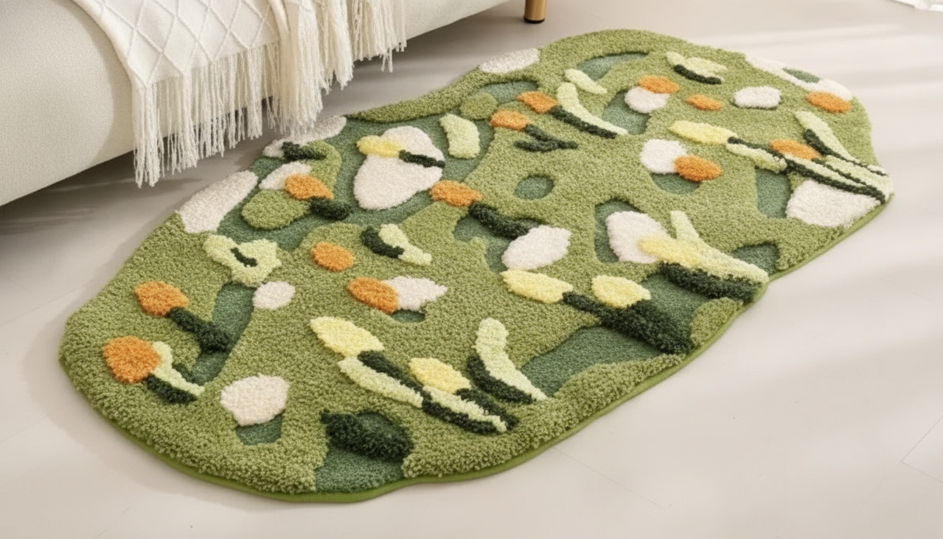 Hand Tufted Moss Floral Area Rug setup detail