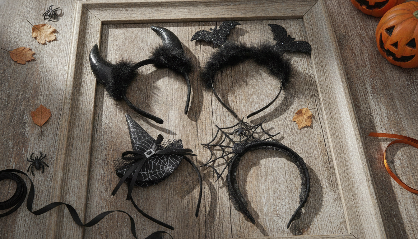 Spooky Halloween Devil Hair Band with Spider Web and Witch Hat setup detail