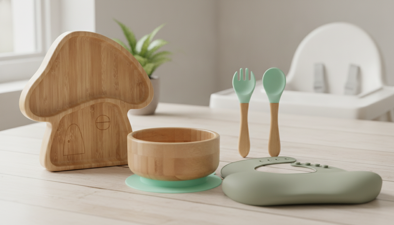 Bamboo Baby Feeding Set with Bowl, Plate, Spoon, Fork & Bib setup detail