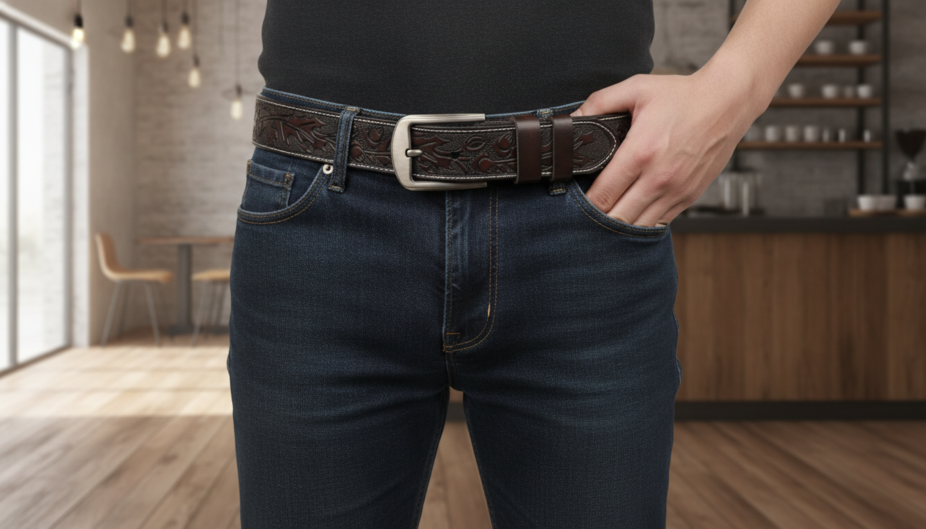 Men’s Genuine Leather Belt with Printed Pattern – 1.5 Inch Classic Pin Buckle Strap in an appropriate real-world setting