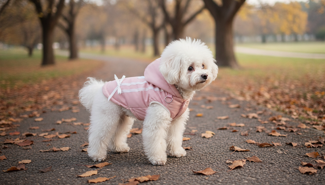 Cute Bow Winter Dog Jacket with Hoodie and D-Ring in an appropriate real-world setting