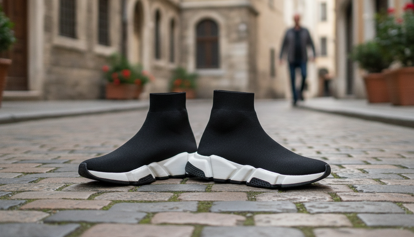 Balenciaga Black and White Speed Sneakers in an appropriate real-world setting