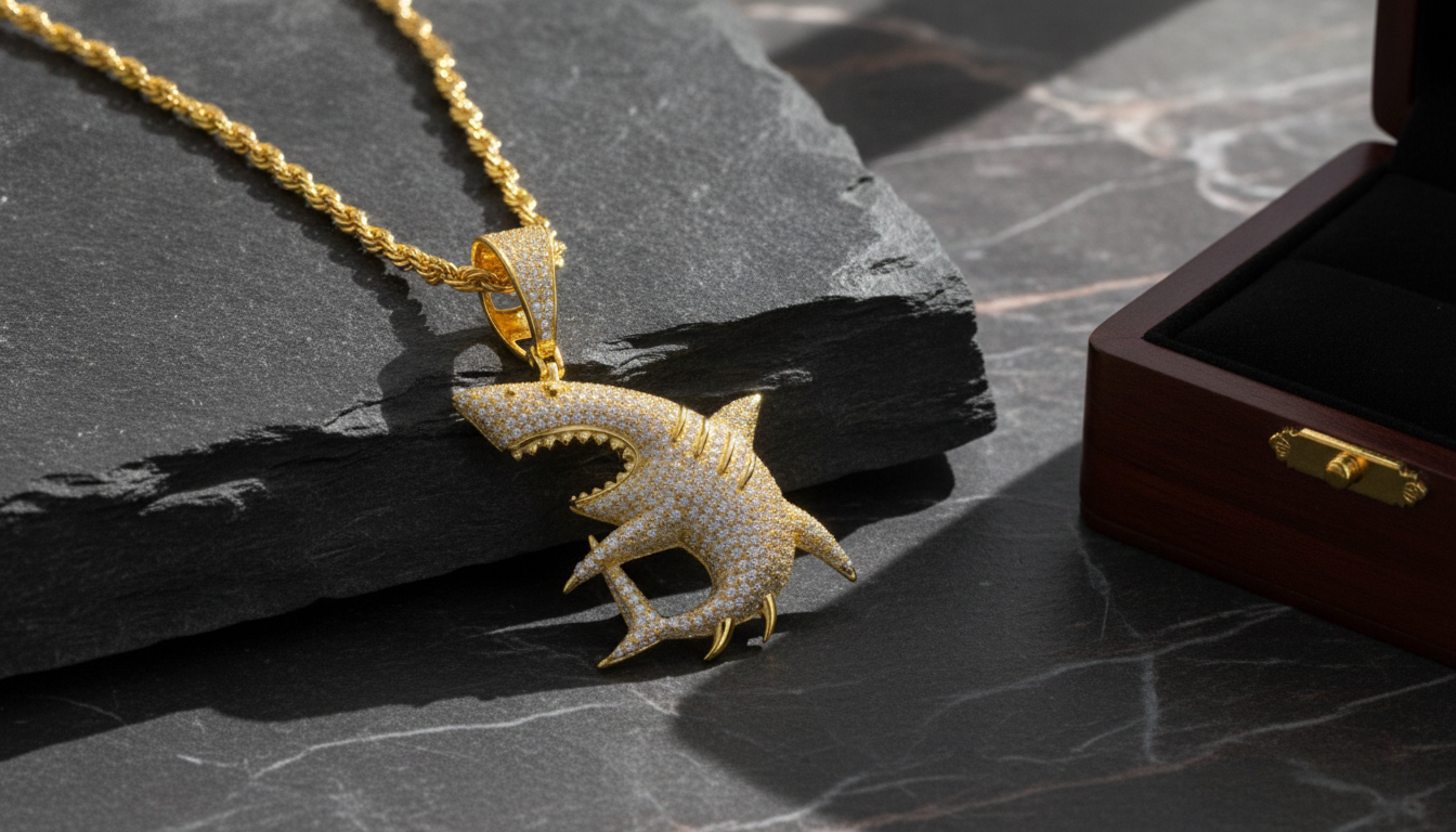 Shark Pendant Necklace for Men with Moissanite – 925 Sterling Silver Hip Hop Jewelry setup detail