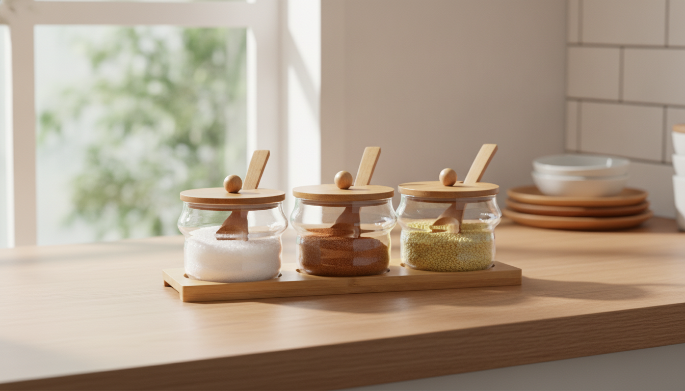 Japanese Glass Spice Jar Set with Bamboo Lid – Minimal Kitchen Shakers in an appropriate real-world setting