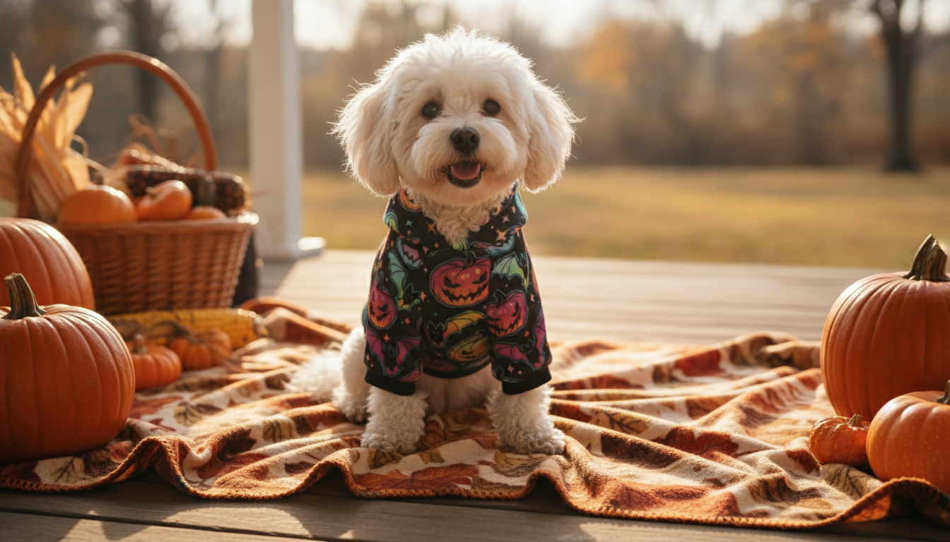 Halloween Pumpkin Dog Hoodie – Cute, Warm, & Stylish Pet Sweatshirt for Fall Festivities in an appropriate real-world setting