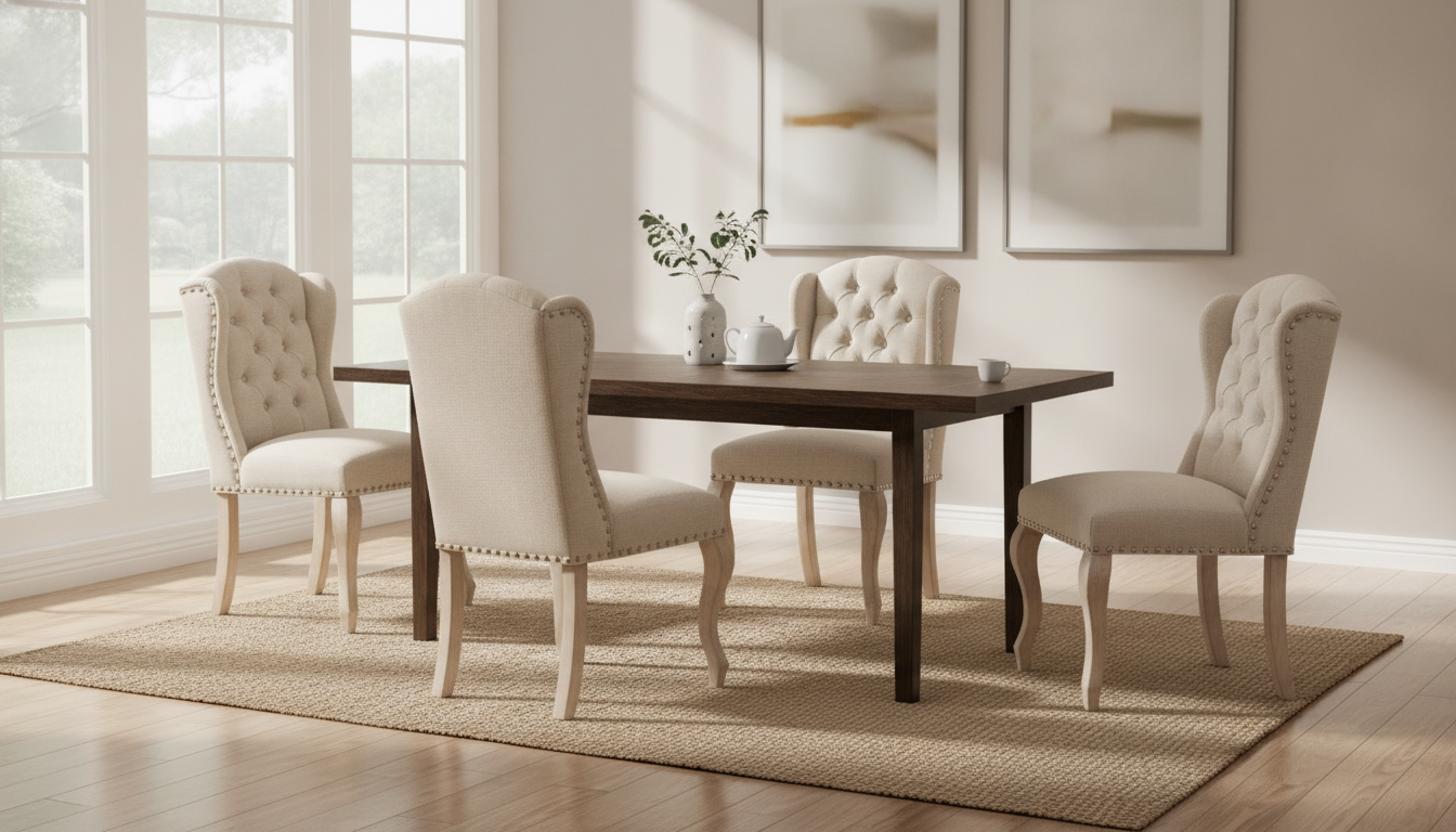 Set of 4 Wingback Tufted Upholstered Dining Chairs with Wood Legs – Linen Fabric in an appropriate real-world setting