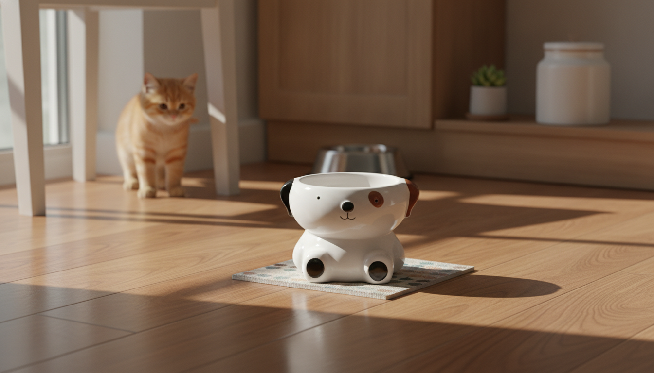 Cute Ceramic Raised Pet Bowl for Cats & Small Dogs in an appropriate real-world setting