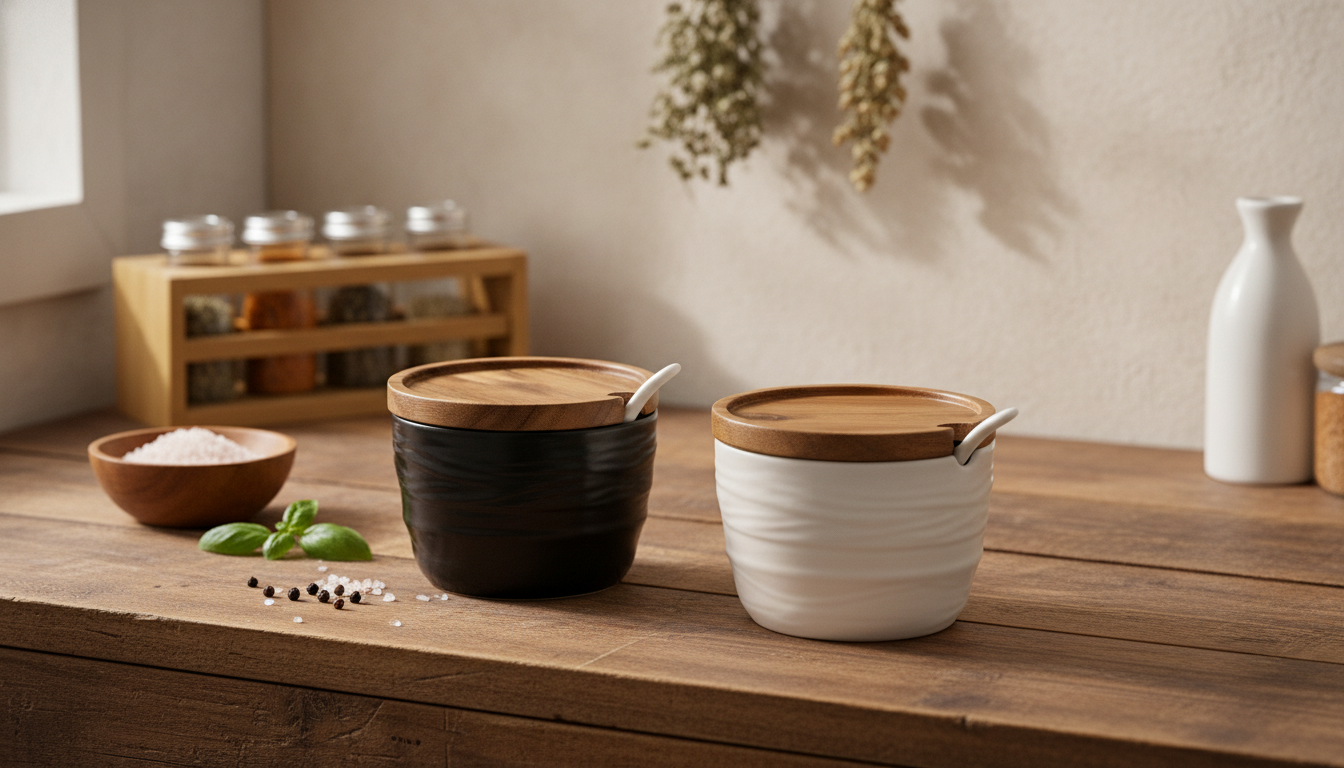 Japanese Style Ceramic Salt Jar with Bamboo and Wood Lid – 2pcs Set in an appropriate real-world setting