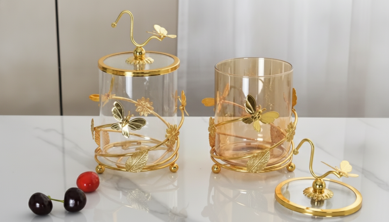 Modern Glass Storage Jar with Golden Butterfly – Elegant Home Decor setup detail