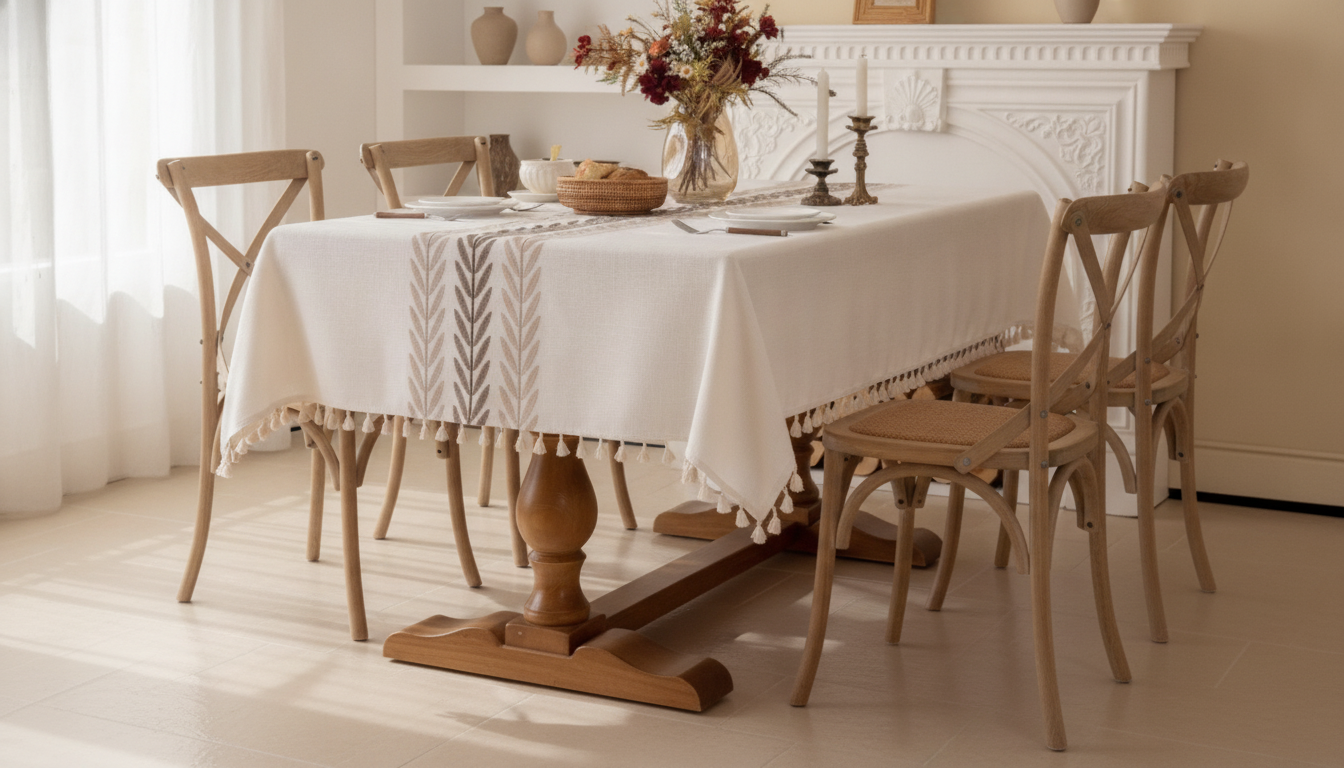 Embroidered Tassel Cotton Linen Tablecloth for Dining & Home Decor in an appropriate real-world setting