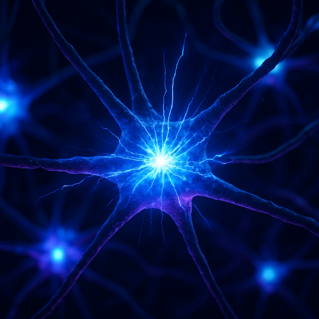 Extreme close-up of neurons firing in a brain, electric blue synapses creating brilliant light bursts as thoughts form, neural pathways glowing with activity representing Why OpenAI's Advertising Revolution Could Outpace Google in 2026
