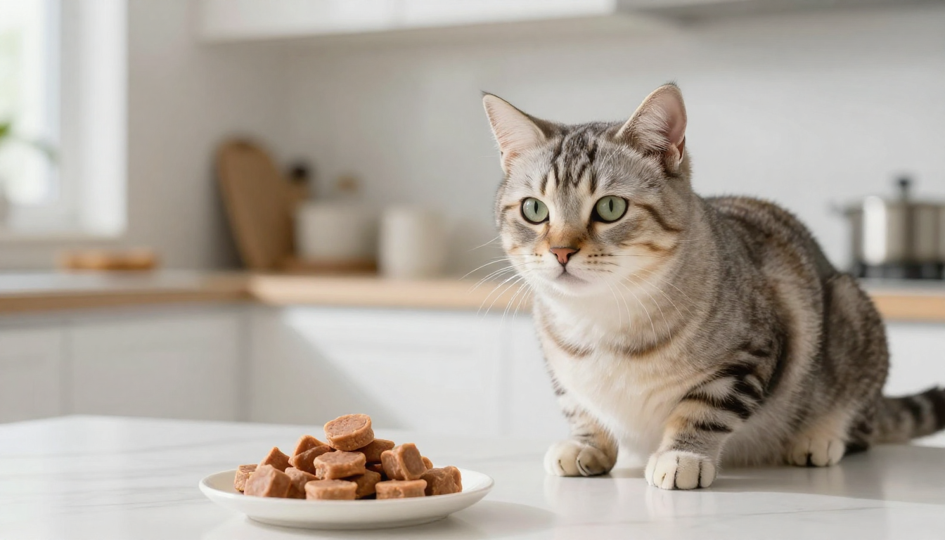 고양이 나이와 체중별 하루 간식 적정 개수를 안내하는 급여량 계산표 이미지