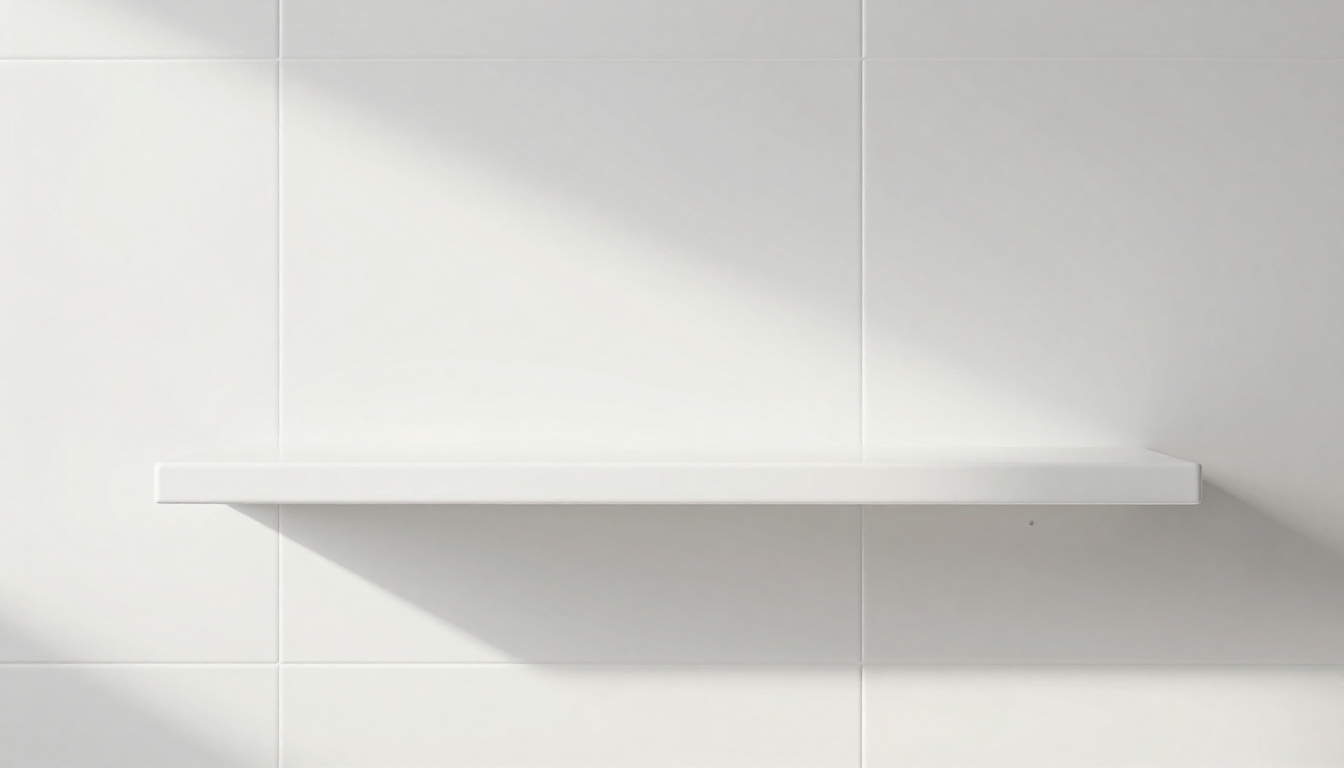 욕실 타일에 구멍을 뚫지 않고 깔끔하게 설치된 무타공 선반 인테리어 모습