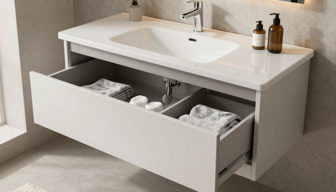 세면대 하부장의 빈 공간을 활용해 욕실 용품을 깔끔하게 정리한 수납 인테리어 사진