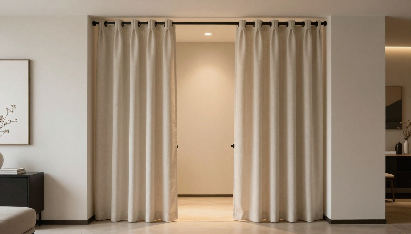 중문 없는 현관에 설치하여 실내 냉기를 효과적으로 차단하는 가림막 커튼