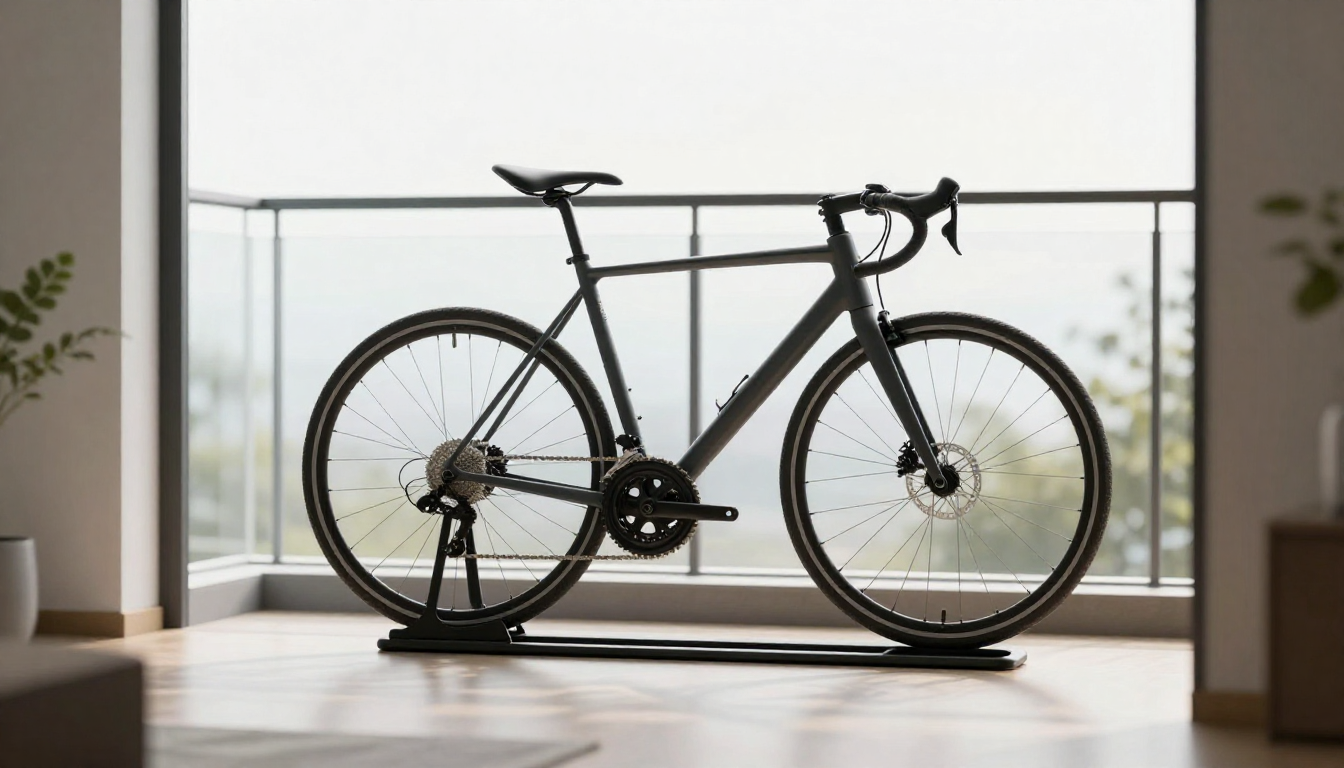 좁은 베란다 공간에 자전거 스탠드를 활용해 자전거를 세워두고 깔끔하게 정리한 사진