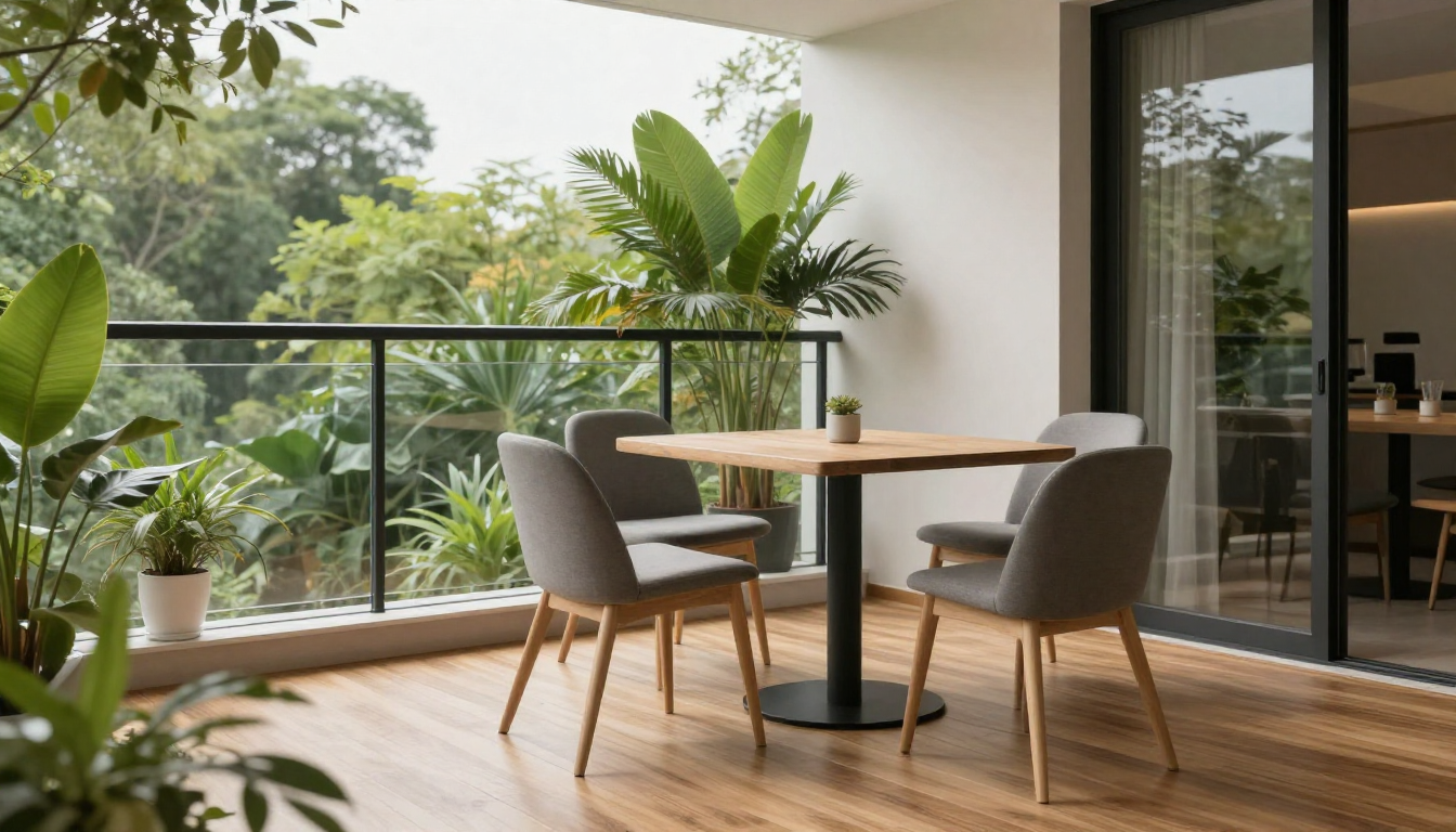 바닥 수평을 맞추어 깔끔하게 완성된 아늑한 분위기의 베란다 홈카페 인테리어