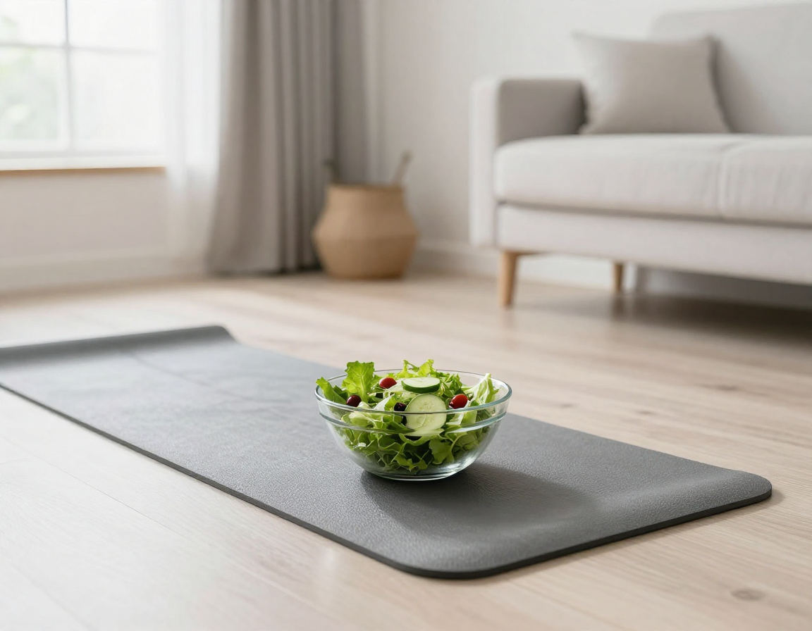 거실에서 요가 매트를 깔고 맨몸 운동으로 체지방을 태우는 현실적인 홈트 사진