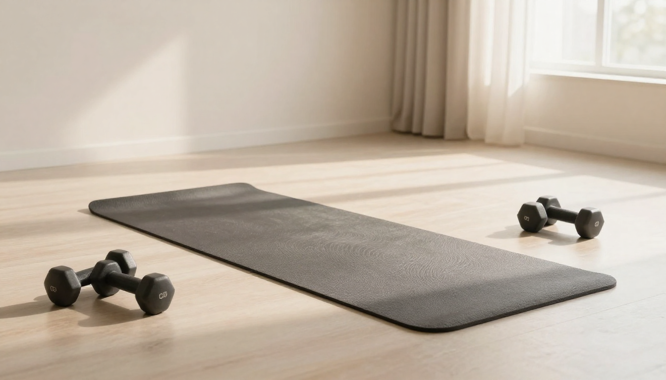 하루 10분 홈트레이닝으로 탄탄한 몸매를 만들기 위해 거실에서 요가 매트 위 플랭크 자세를 취하는 사진