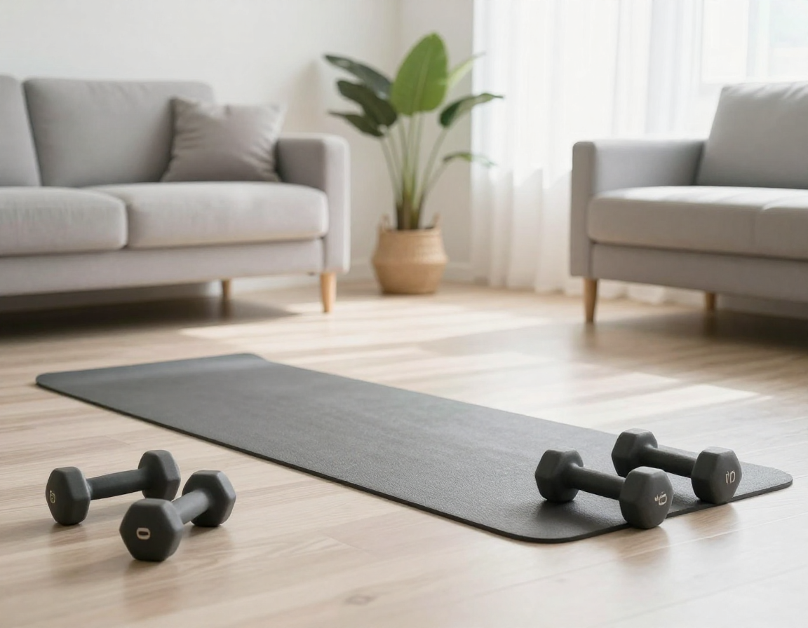 거실에서 매트를 깔고 체지방 감량을 위한 다이어트 집운동 루틴을 실천하는 모습