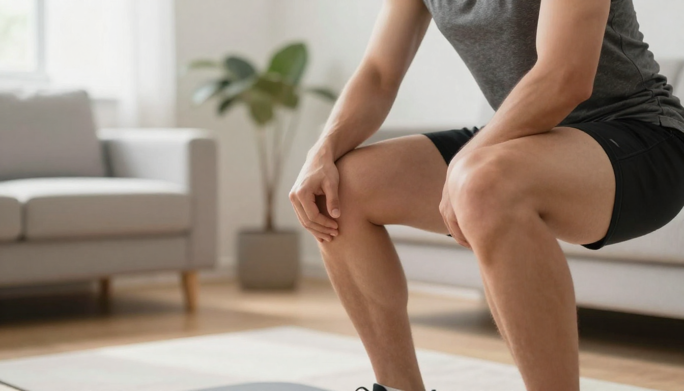 홈트레이닝 중 무릎 통증을 느끼며 무릎을 잡고 괴로워하는 사람의 모습