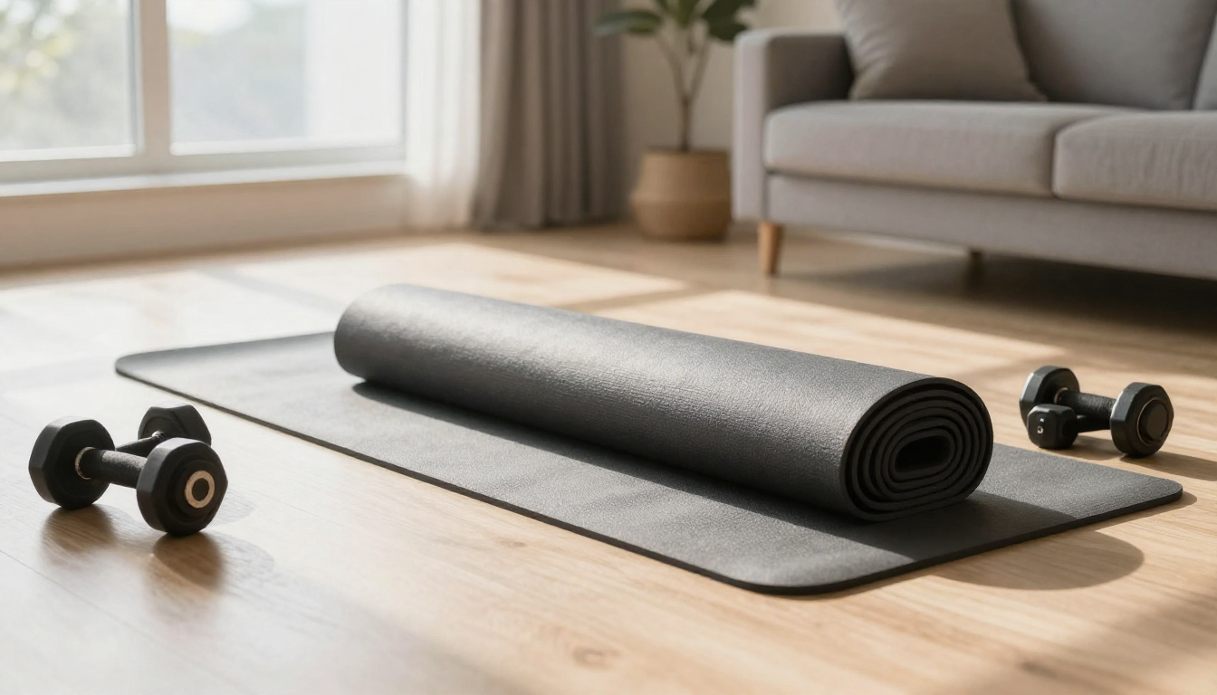 집에서 운동을 시작했지만 의욕을 잃고 요가 매트 위에 주저앉은 초보자의 모습