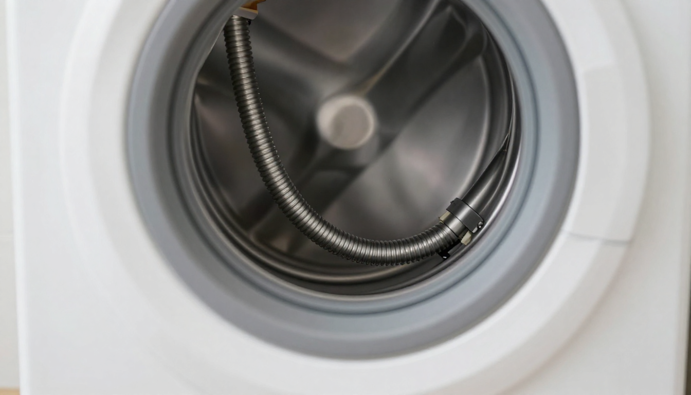 LG 드럼세탁기 OE 에러 해결을 위해 이물질이나 꺾임이 있는지 배수호스를 점검하는 모습