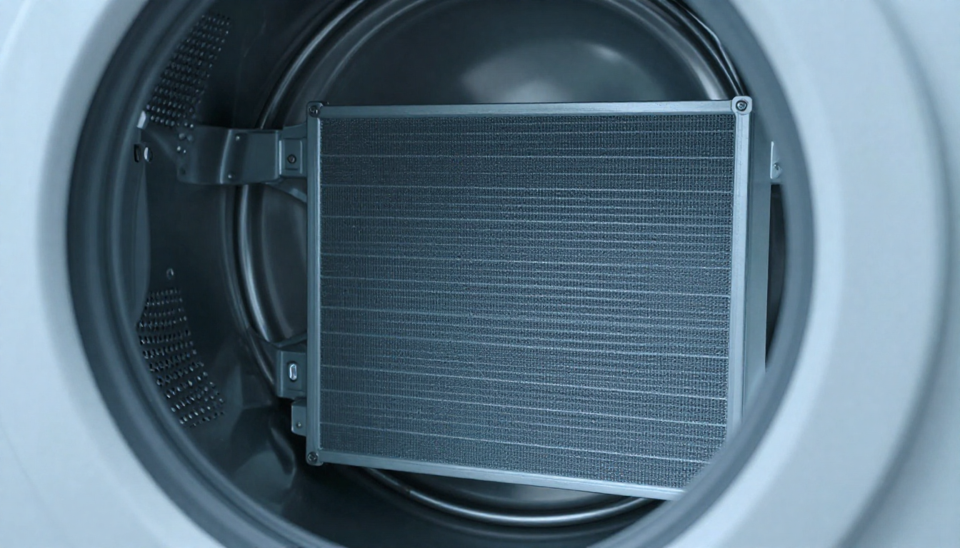 LG 건조기 tE1 에러 발생 시 점검이 필요한 열교환기 내부 먼지와 필터 청소 관리 모습