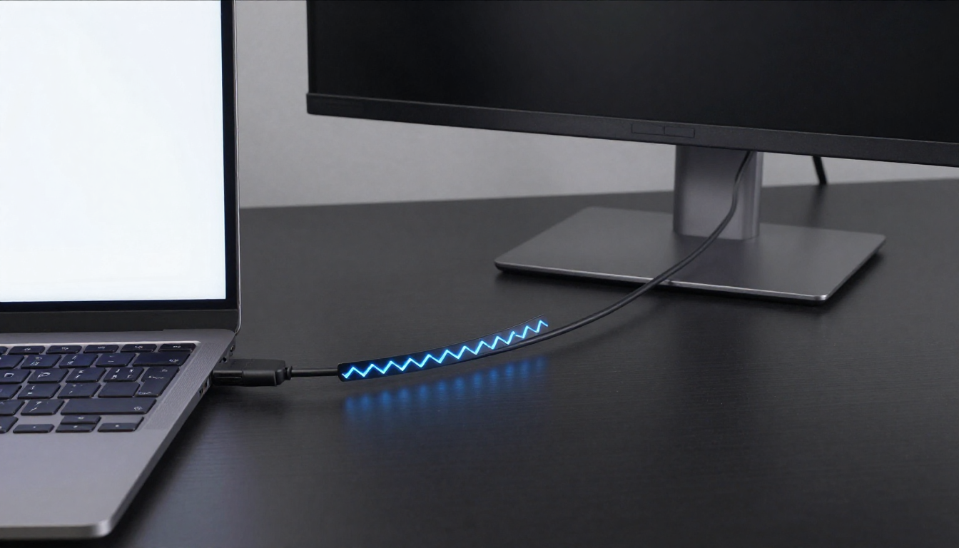 어두운 책상 위 노트북과 외부 모니터가 지그재그로 빛나는 케이블로 연결된 실사 이미지.